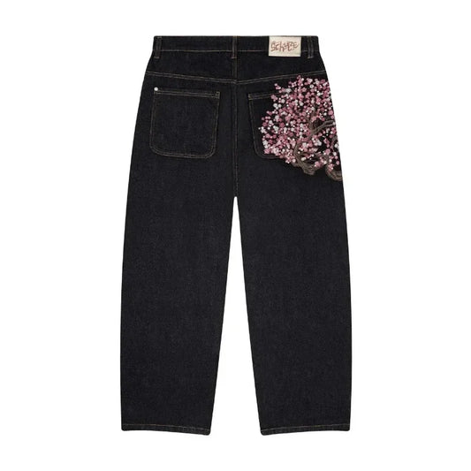 Plum Blossom Embroidery Baggy Jeans