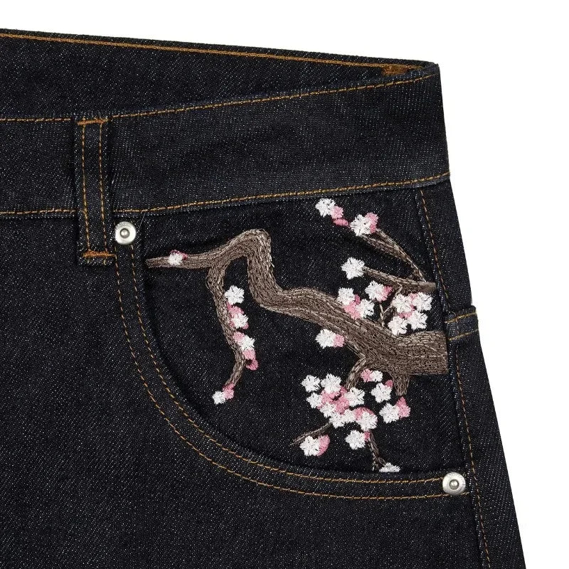 Plum Blossom Embroidery Baggy Jeans