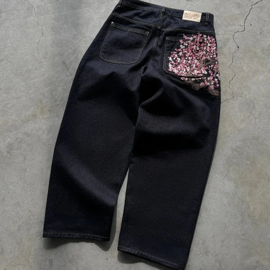 Plum Blossom Embroidery Baggy Jeans