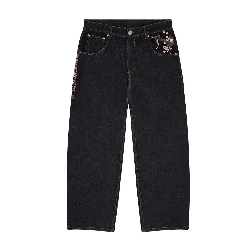 Plum Blossom Embroidery Baggy Jeans