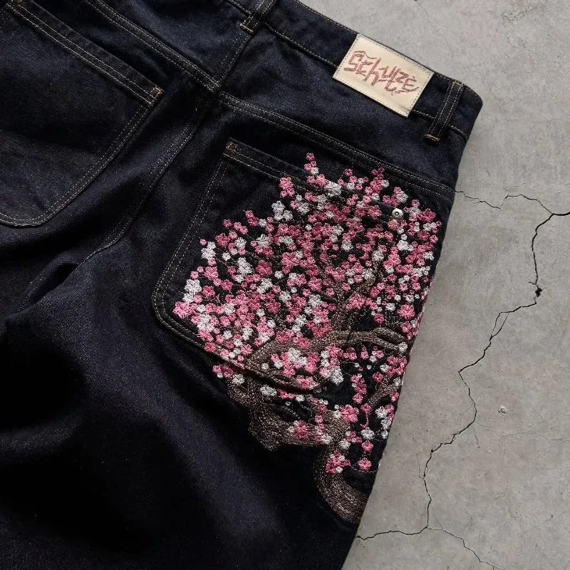 Plum Blossom Embroidery Baggy Jeans