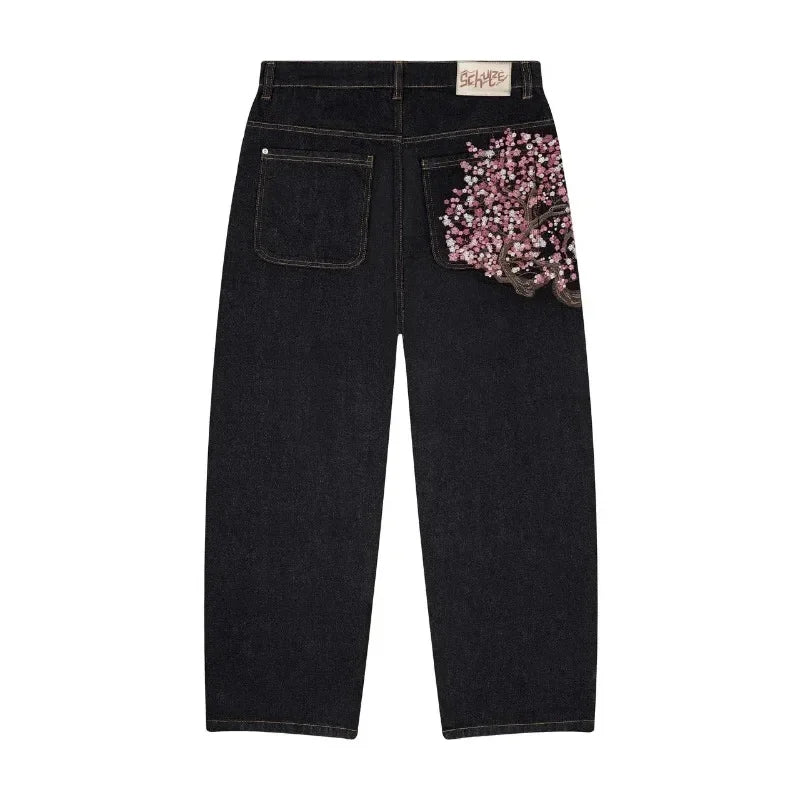 Plum Blossom Embroidery Baggy Jeans